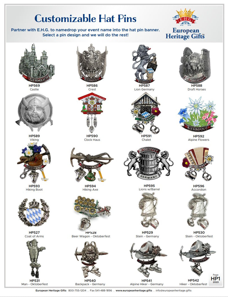 Explore the many exclusive customization options E.H.G. offers for German-Themed hat pins