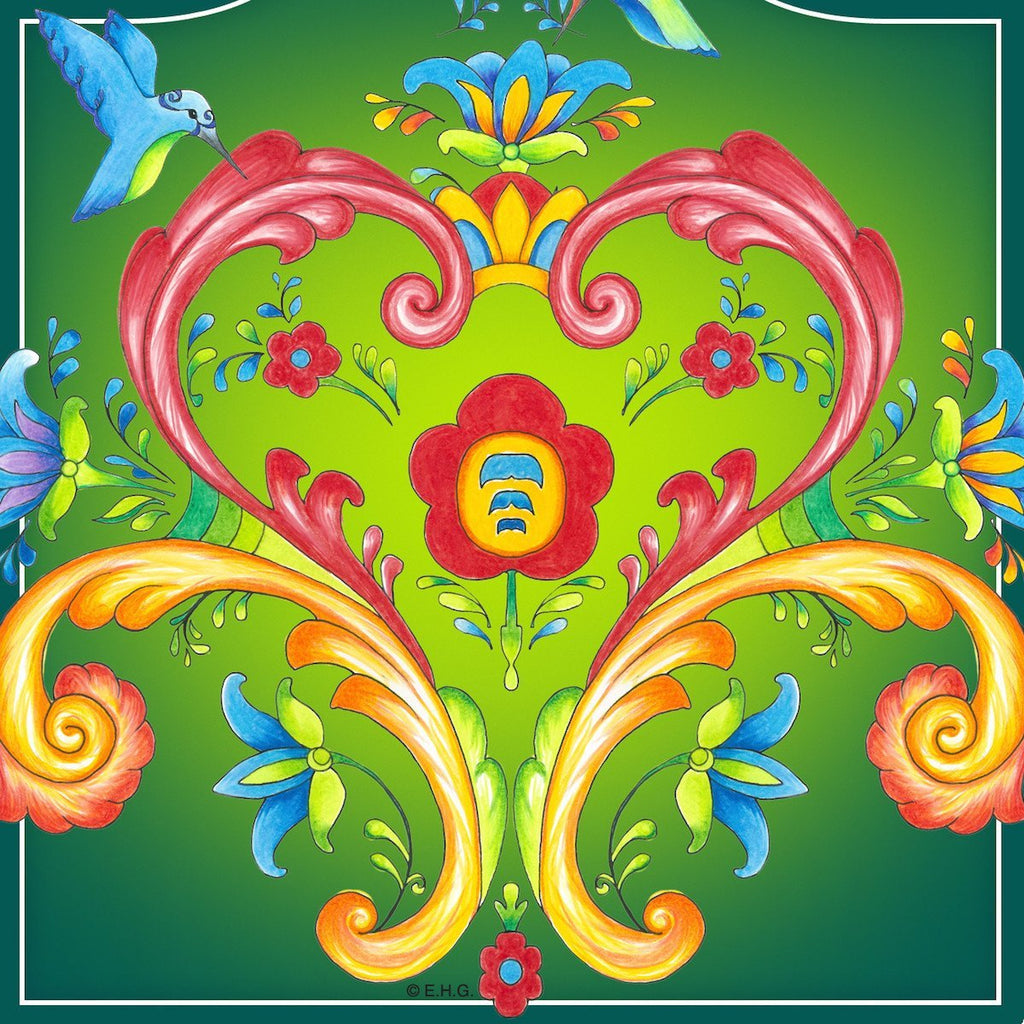 Green Rosemaling Ceramic Deluxe Plaque - Below $10, Blue, Collectibles, CT-205, CT-215, CT-240, CT-455, Decorations, Green, Home & Garden, Kitchen Decorations, Red, Rosemaling, Scandinavian, swedish, Tiles-Swedish
