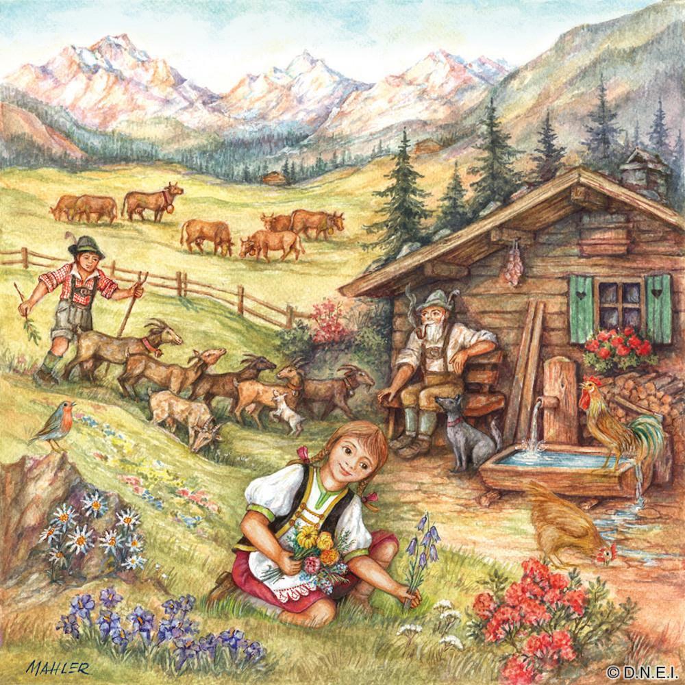 Alpine Heidi Scene German Gift Magnet Tile - 4 German Seasons, 4S: German Spring, Collectibles, CT-220, CT-520, German, Germany, Home & Garden, Joseph Mahler, Kitchen Magnets, Magnet Tiles, Magnet Tiles-Scenic, Magnets-German, Magnets-Refrigerator, PS-Party Favors