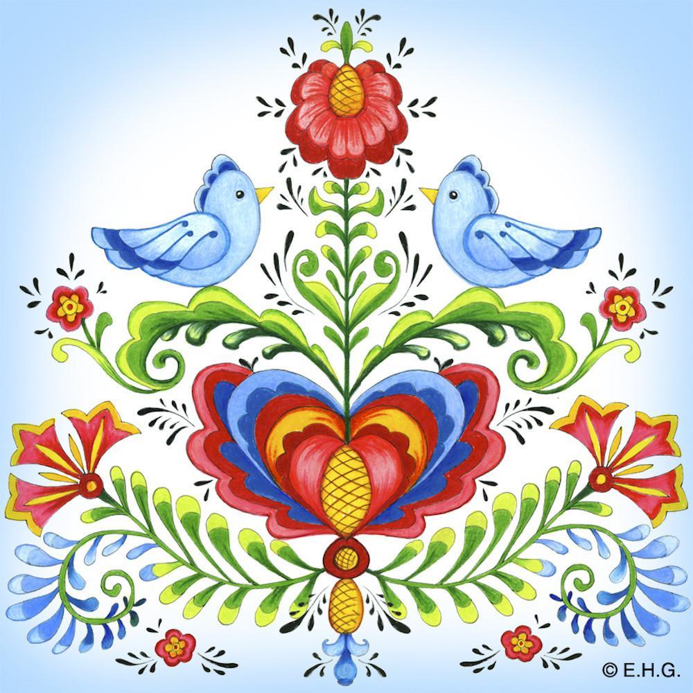 Tile Magnet Rosemaling & Lovebirds - Animal, Below $10, Collectibles, Home & Garden, Kitchen Magnets, Magnet Tiles, Magnet Tiles-Scenic, Magnets-Refrigerator, PS-Party Favors, Rosemaling, Scandinavian, swedish, Top-SWED-B