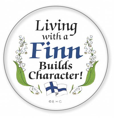 Metal Button  inchesLiving with a Finn inches - Apparel-Costumes, Festival Buttons, Festival Buttons-Finnish, Finnish, Metal Festival Buttons, PS-Party Favors, SY: Living with a Finn