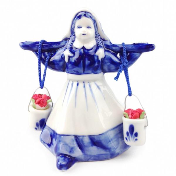 Delf Blue and White Milkmaid With Colored Tulips - Collectibles, Decorations, Delft Blue, Dutch, Figurines, Home & Garden, L, Milkmaid, PS-Party Favors, PS-Party Favors Dutch, Size, Small, Top-DTCH-B, Tulips - 2