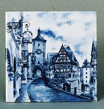 German Rothenberg Scene Blue Tile - Collectibles, CT-220, Euro Village, German, Germany, Home & Garden, Kitchen Decorations, Tiles-Scenic