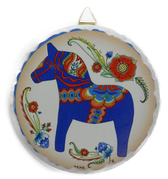 Round Ceramic Plaque Blue Dala Horse - Below $10, Blue, Collectibles, Color, CT-150, Dala Horse, Dala Horse Blue, Decorations, Home & Garden, Kitchen Decorations, Red, swedish, Tiles-Swedish, Under $10