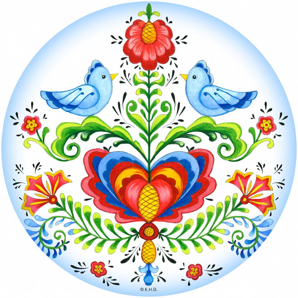 Round Ceramic Plaque Lovebirds - Below $10, Collectibles, Home & Garden, Kitchen Decorations, Rosemaling, Round Plaque, Scandinavian, swedish, Tiles-Shields-Swedish, Top-SWED-B, Under $10 - 2