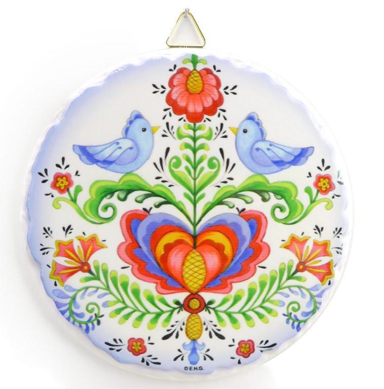 Round Ceramic Plaque Lovebirds - Below $10, Collectibles, Home & Garden, Kitchen Decorations, Rosemaling, Round Plaque, Scandinavian, swedish, Tiles-Shields-Swedish, Top-SWED-B, Under $10