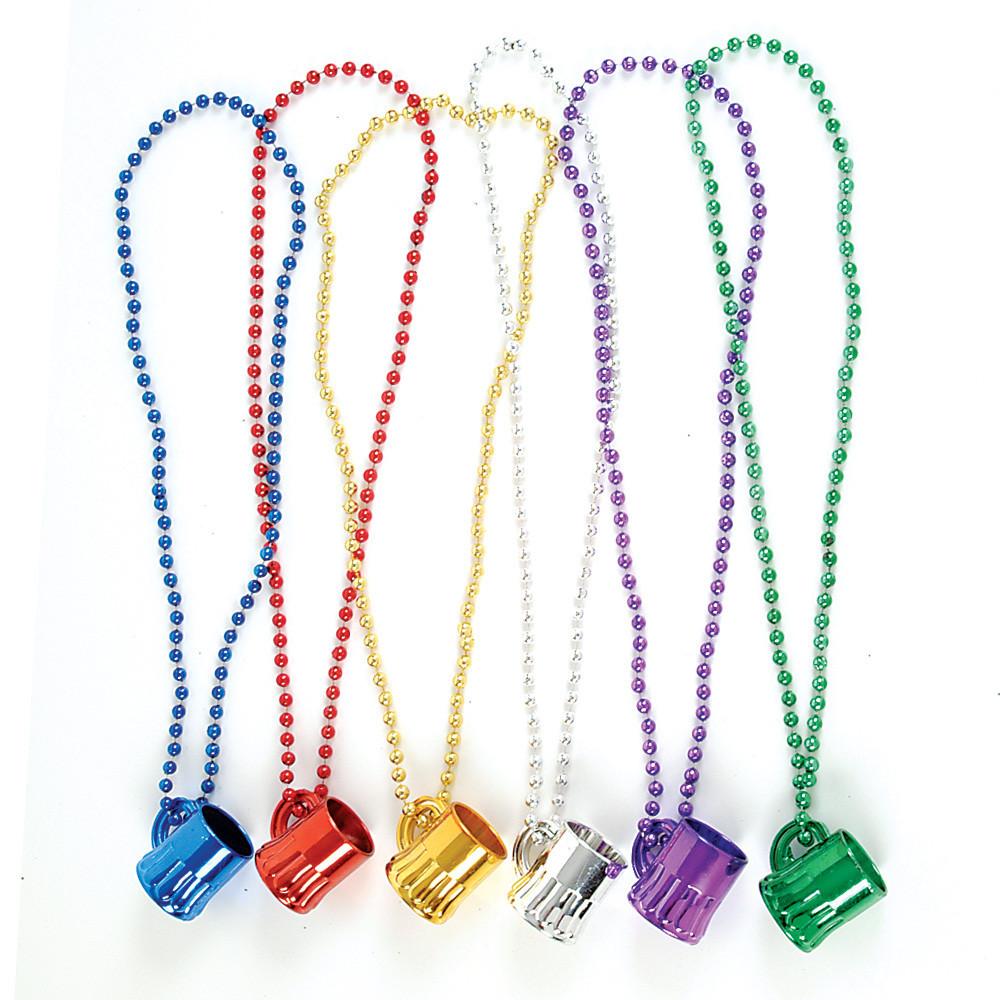 Plastic Metallic Colored Beer Mugs Necklace - Alcohol, Apparel, Apparel-Costumes, Beads, German, Germany, Oktoberfest, PS- Oktoberfest Party Favors, PS-Party Favors, Top-GRMN-B