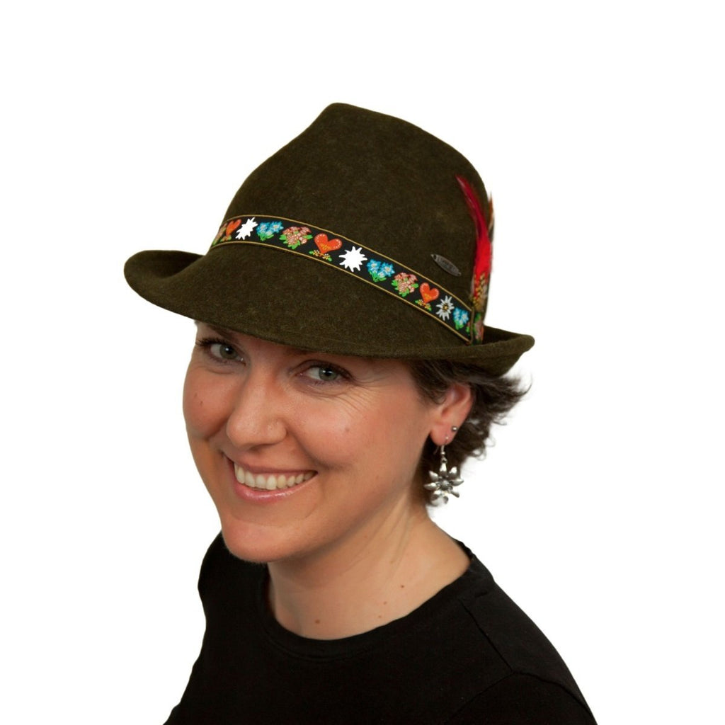 HAT: 100% WOOL GREEN AUSTRIAN EMBROIDERY BAND