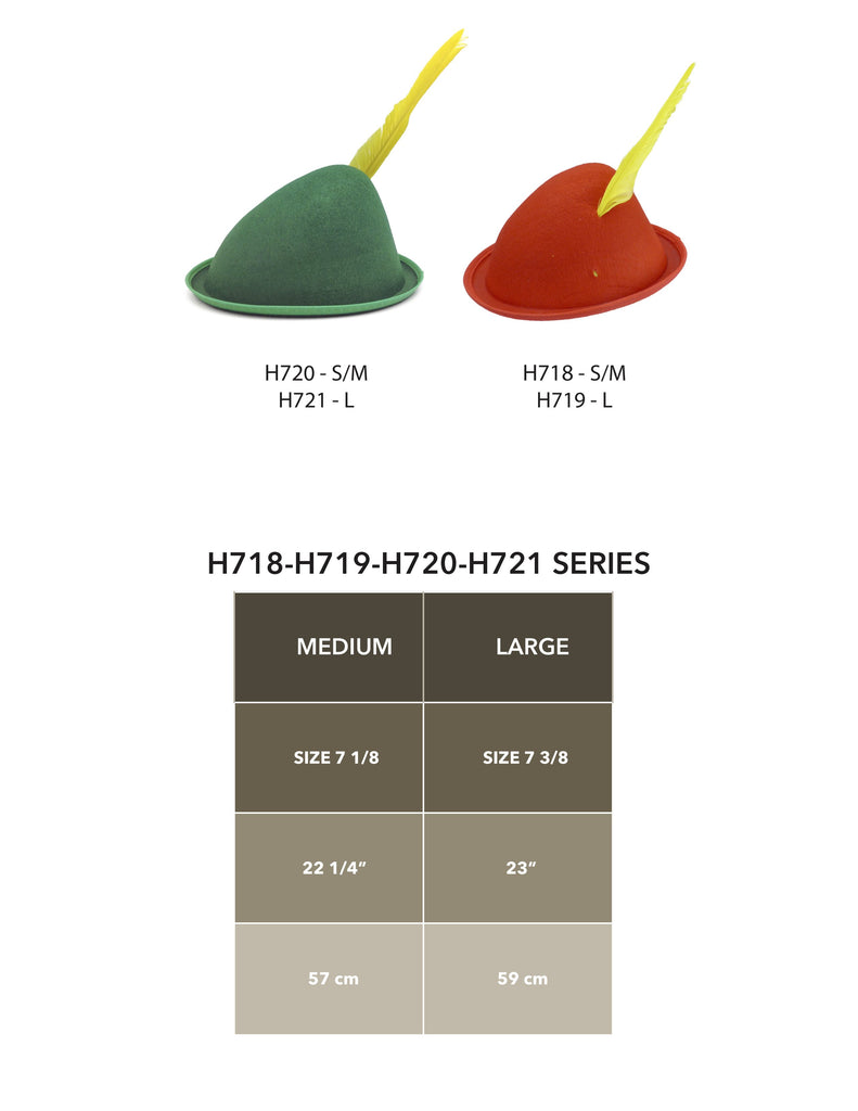 Oktoberfest  inchesPeter Pan inches Party Hat Green with Yellow Feather - Apparel-Costumes, felt, German, Germany, Hats, Hats-Kids, Hats-Party, L, Medium, Oktoberfest, Size, Small, Top-GRMN-B Hat Size Chart