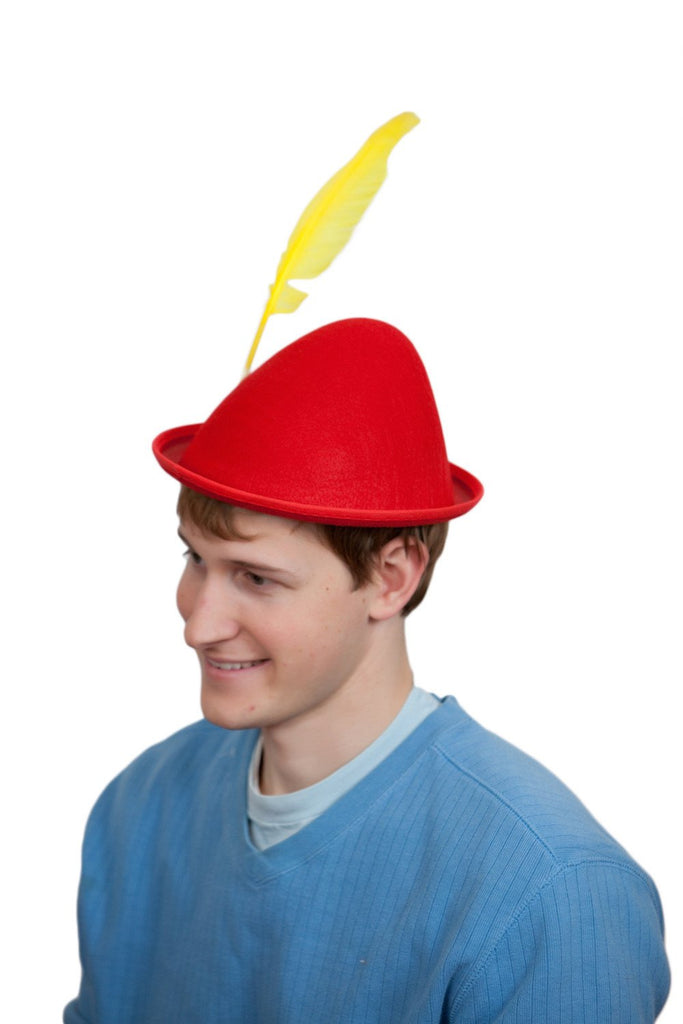 Oktoberfest  inchesPeter Pan inches Party Hat Red with Yellow Feather - Apparel-Costumes, felt, German, Germany, Hats, Hats-Kids, Hats-Party, L, Medium, Oktoberfest, Size, Top-GRMN-B - 2 - 3 - 4