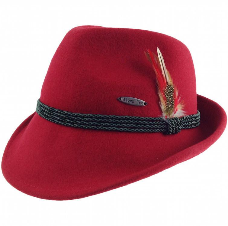 Bavarian Alpine Style 100% Wool Red Hat - Apparel-Costumes, CT-720, German, Hats, Hats-Fedora, Hats-Wool Fedora, L, Medium, Size, Small, Top-GRMN-B