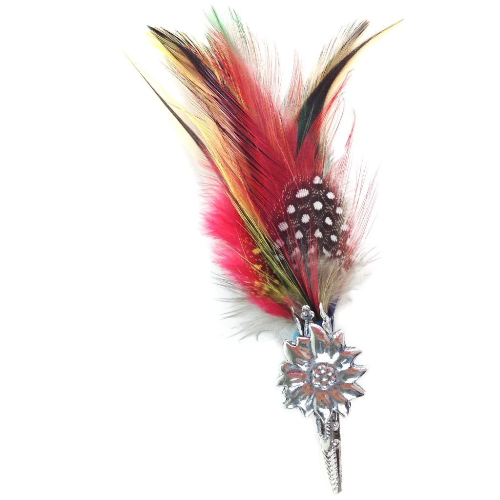 Edelweiss & Colorful Feather German Hat Pin - Apparel-Costumes, CT-540, Edelweiss, German, Germany, Hat Pins, PS-Party Favors, PS-Party Supplies, Top-GRMN-B