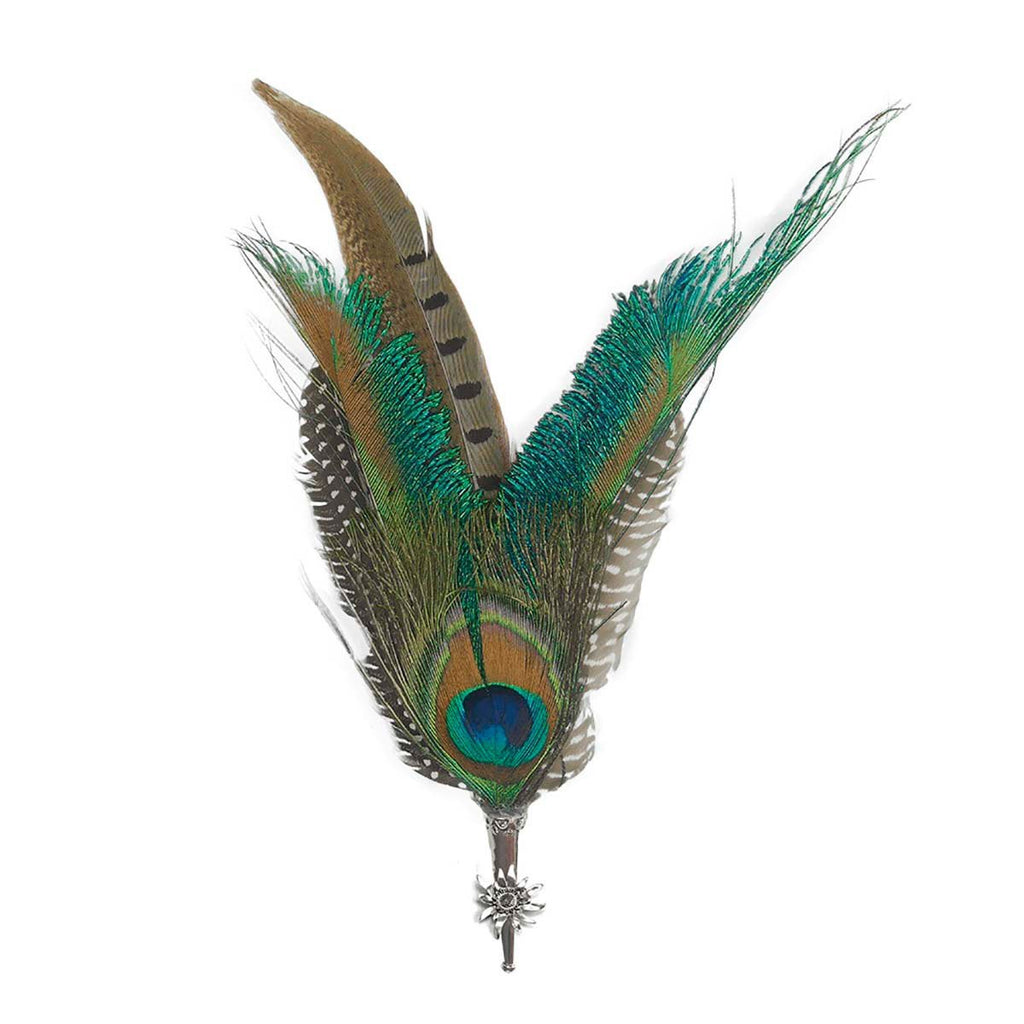 Peacock & Pheasant Hat Feathers with Edelweiss Medallion Hunter Hat Pin -1