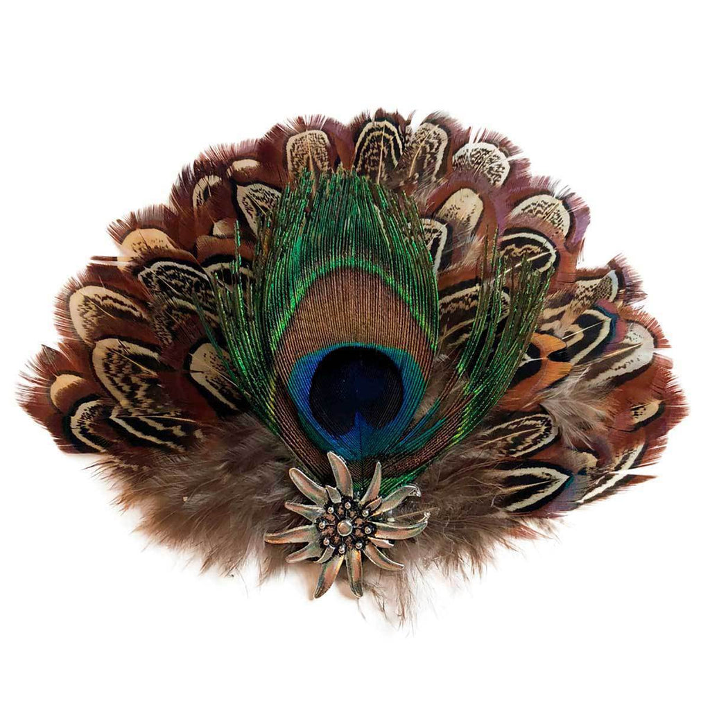 German Hat Pin Deluxe Peacock & Brown Hat Feathers -1
