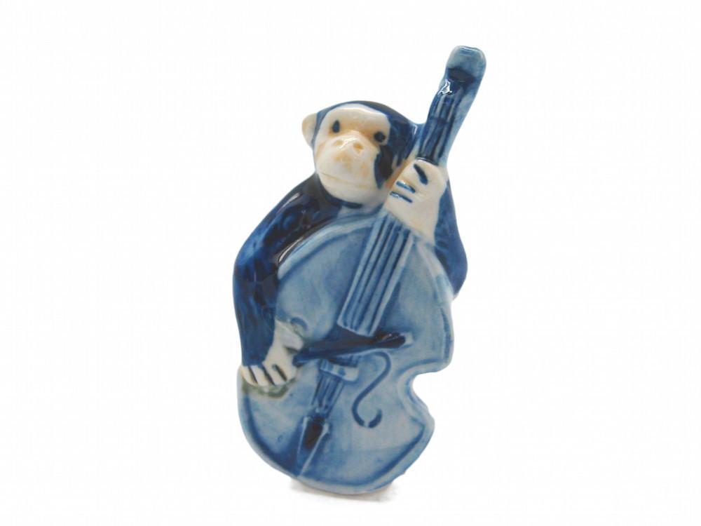 Miniature Musical  Monkey With Bass - Animal, Blue, Collectibles, Color, Decorations, Delft Blue, Dutch, Figurines, General Gift, Home & Garden, Miniatures, PS-Party Favors