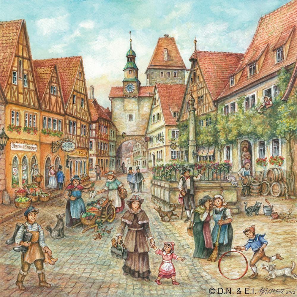 Village Street Scene German Gift Magnet Tile - Collectibles, CT-220, CT-520, German, Germany, Home & Garden, Joseph Mahler, Kitchen Magnets, Magnet Tiles, Magnet Tiles-Scenic, Magnets-Refrigerator, PS-Party Favors, PS-Party Favors German