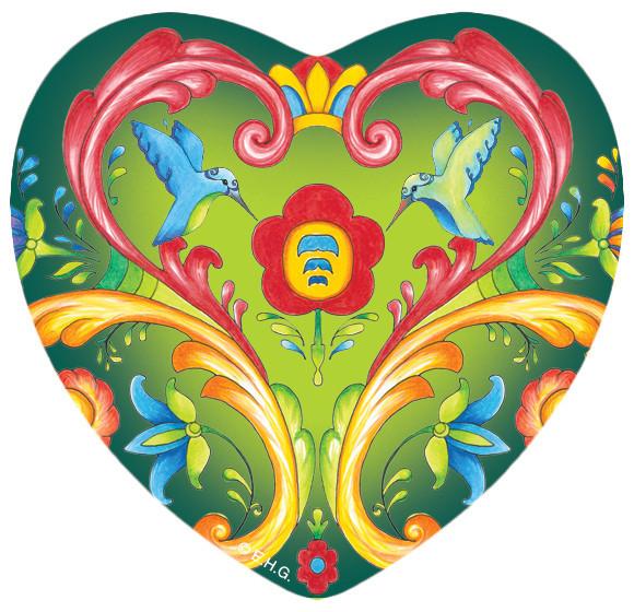 Magnetic Heart Tile: Rosemaling Green - CT-205, CT-215, CT-240, CT-455, European, Magnet Tiles-Heart, Magnets-Refrigerator, New Products, NP Upload, Scandinavian, Under $10, Yr-2015