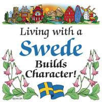 Swedish Souvenirs Magnet Tile Living With Swede - Below $10, Collectibles, Home & Garden, Kitchen Magnets, Magnet Tiles, Magnet Tiles-Swedish, Magnets-Refrigerator, PS-Party Favors, Scandinavian, Swedish, SY: Living with a Swede