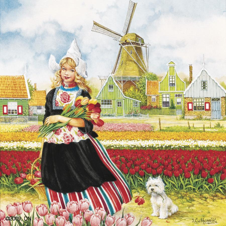 Tulip Time Girl Color Tile Magnet - Collectibles, CT-210, Decorations, Dutch, Home & Garden, Kitchen Decorations, Kitchen Magnets, Magnet Tiles, Magnet Tiles-Scenic, Magnets-Dutch, Magnets-Refrigerator, PS-Party Favors, Top-DTCH-B, Tulips, Van Hunnik