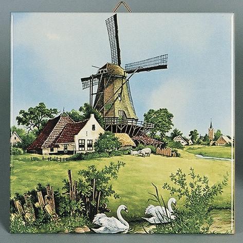 Dutch Souvenir Windmill and Swan Tile - Animal, Below $10, Collectibles, CT-210, Decorations, Dutch, Home & Garden, Tiles-Scenic, Van Hunnik, Windmills