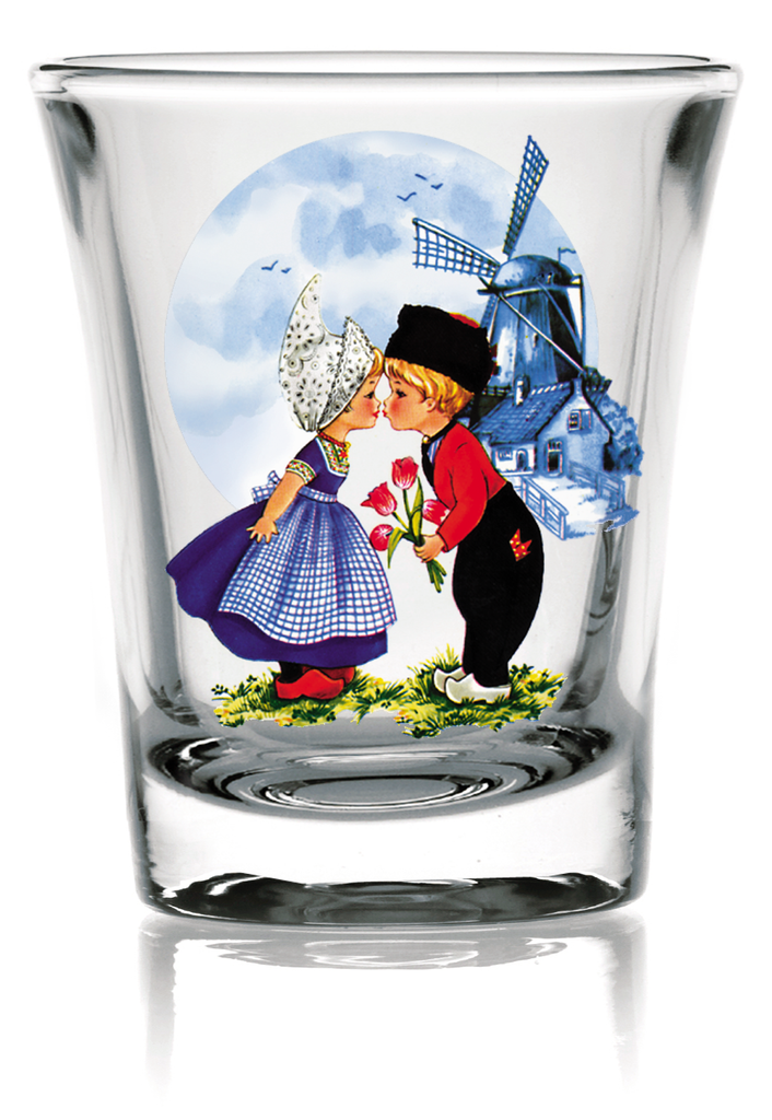 Dutch Kiss Clear Shot Glass - Alcohol, Barware, Clear, Collectibles, Drinkware, Dutch, Frosted, Glass, Home & Garden, Kissing Couple, PS-Party Favors, PS-Party Favors Dutch, Shot Glasses, Shots-Glass, Tableware, Top-DTCH-B, Tulips