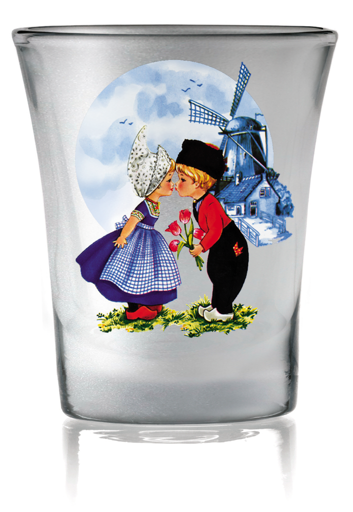 Dutch Kiss Frosted Shot Glass - Alcohol, Barware, Clear, Collectibles, Drinkware, Dutch, Frosted, Glass, Home & Garden, Kissing Couple, PS-Party Favors, PS-Party Favors Dutch, Shot Glasses, Shots-Glass, Tableware, Top-DTCH-B, Tulips