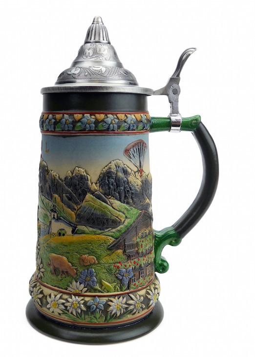 Tirol Scenic Austrian Alps Collectible Beer Stein with Engraved Metal Lid - .9L, Barware, Beer Glasses, Beer Stein-with Lid, Beer Stein-with Lid-EHG, Coffee Mugs, Collectibles, Decorations, Drinkware, German, Germany, Home & Garden, Multi-Color