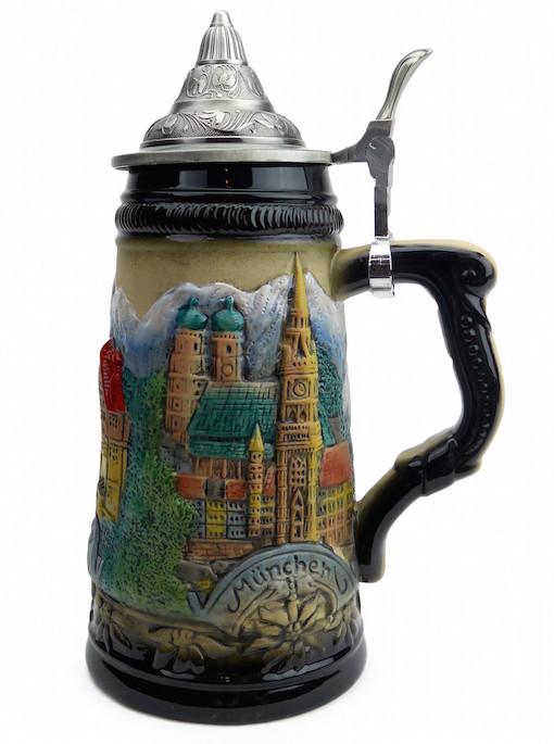 Bavarian Mountain Village Beer Stein with Engraved Metal Lid - .9L, Alcohol, Barware, Beer Glasses, Beer Stein-with Lid, Beer Stein-with Lid-EHG, Beer Steins, Coffee Mugs, Collectibles, Decorations, Drinkware, German, Germany, Home & Garden, Multi-Color