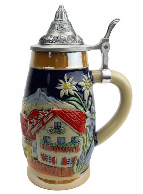 Alpine Village Engraved Beer Stein with Metal Lid - .55L, Alcohol, Barware, Beer Glasses, Beer Stein-with Lid, Beer Stein-with Lid-EHG, Beer Steins, Coffee Mugs, Collectibles, Decorations, Drinkware, German, Germany, Home & Garden, Multi-Color