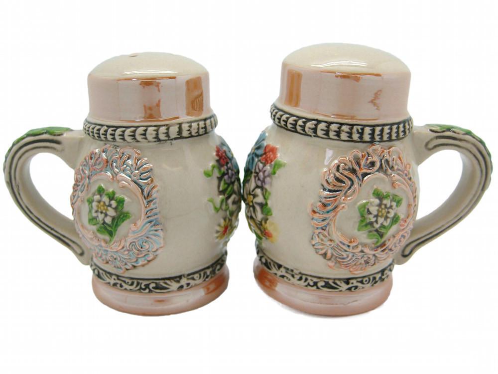 Alpine Flowers Engraved Beer Stein Salt And Pepper Set - Alcohol, Collectibles, CT-526, Decorations, German, Germany, Home & Garden, Kitchen Decorations, Multi-Color, PS- Oktoberfest Essentials-All OKT Items, PS- Oktoberfest Table Decor, PS-Party Favors, S&P Sets, S&P Sets-German, Tableware, Top-GRMN-B