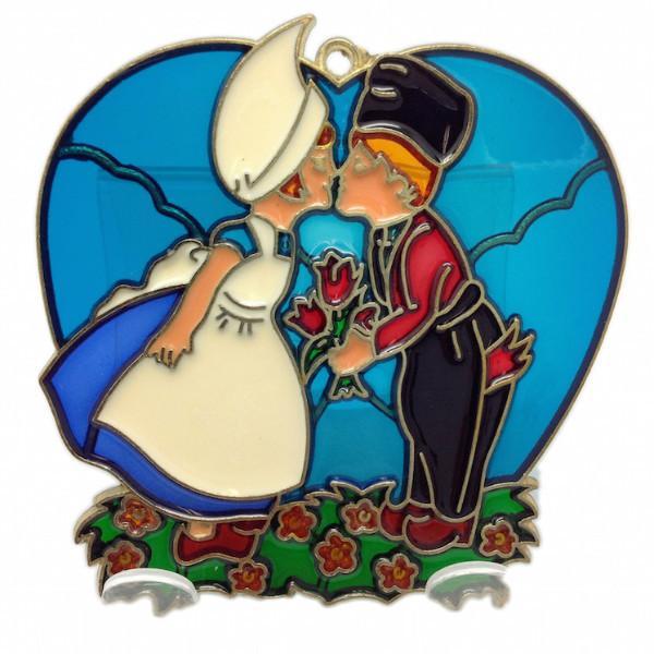 Blue Heart Shaped Kissing Couple Sun Catcher - Blue, Collectibles, Decorations, Dutch, Heart, Home & Garden, Kissing Couple, Red, Sun Catchers
