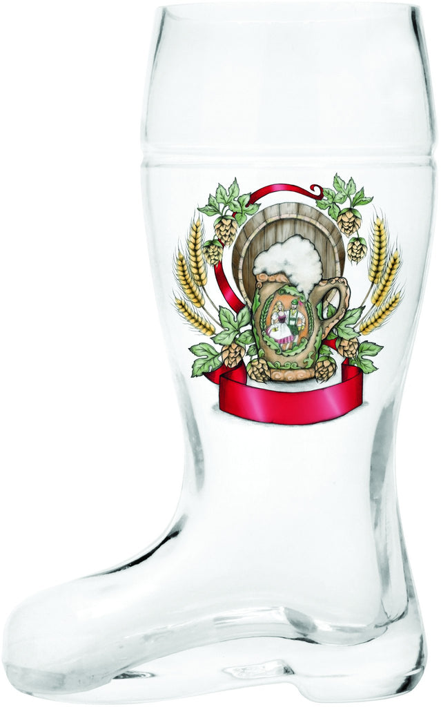Glass Beer Boot: Harvest Crest - .6L, 1L, alcohol, Barware, Beer Glasses, Beer Steins-Boots, Clear, Coffee Mugs, Collectibles, Drinkware, German, Germany, Glass, Home & Garden, New Products, NP Upload, Top-GRMN-B, Volume, Yr-2015