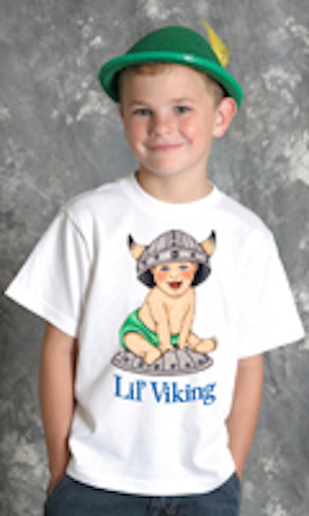 Norwegian Kid T Shirt  inchesLil Viking inches - Apparel- T Shirts, Apparel-Baby & Toddler Clothing, Apparel-Costumes, Apparel-Shirt-Norwegian, Below $10, L, M, Norwegian, Scandinavian, Size, SY: Lil Viking, Viking, White, Youth Small, Youth XS